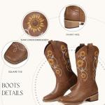 Tan Floral Square Toe Cowboy Boots for Women