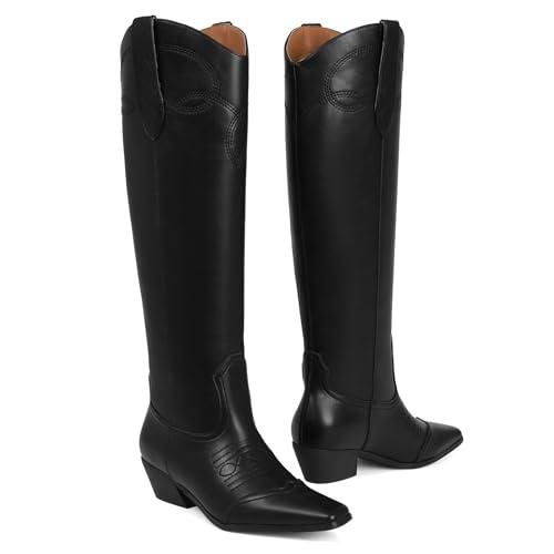 Comfitoria Black Square Toe Knee High Cowboy Boots