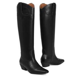 Comfitoria Black Square Toe Knee High Cowboy Boots