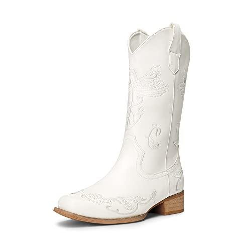 Women's White Square Toe Cowboy Boots, Size 8.5