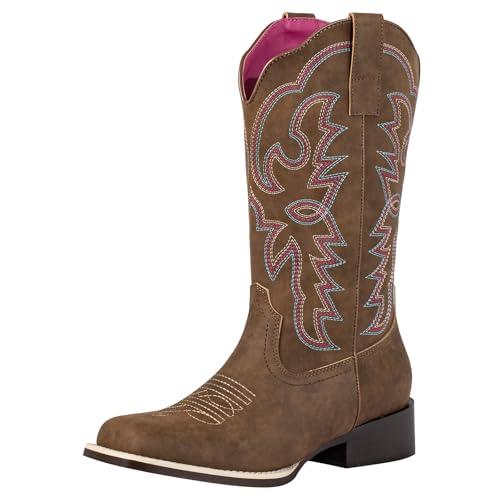 Women's Wide Square Toe Western Cowboy Boots - Brown
