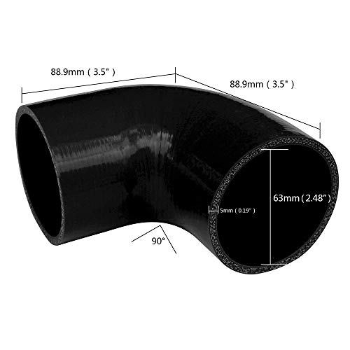 FCD 3.5" Leg 90 Degree ID 63mm (2.5") Diameter 4-Ply High Performance Elbow Coupler Silicone Hose for Auto 5mm Thick (Black)