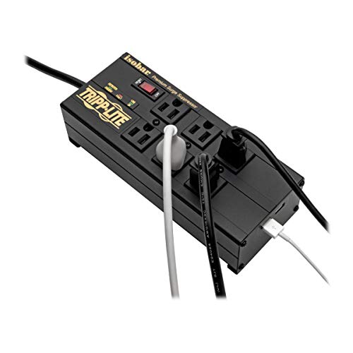 Tripp Lite Isobar 6 Outlet Surge Protector Power Strip with 2 USB Charging Ports,10ft Long Cord,Right-Angle Plug, Metal, 3840 Joules,Lifetime Limited Warranty & $50K Insurance (IBAR6ULTRAUSBB)Black