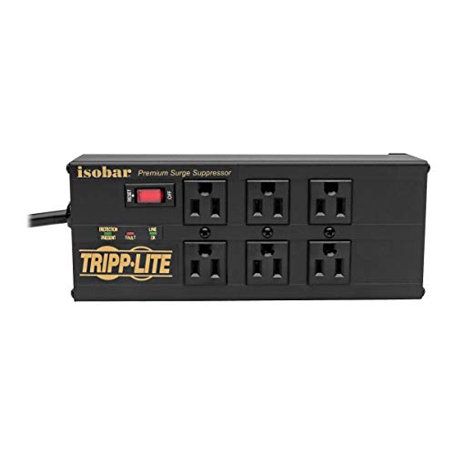 Tripp Lite Isobar 6 Outlet Surge Protector Power Strip with 2 USB Charging Ports,10ft Long Cord,Right-Angle Plug, Metal, 3840 Joules,Lifetime Limited Warranty & $50K Insurance (IBAR6ULTRAUSBB)Black