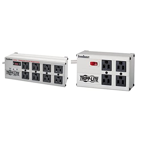 Tripp Lite Isobar 8 Outlet Surge Protector Power Strip, 12ft Cord, Right-Angle Plug & Isobar 4 Outlet Surge Protector Power Strip, 6ft. Cord, Right Angle Plug, 3330 Joules, Metal,Gray