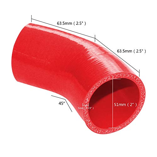 FCD 45 Degree ID 51mm (2") Diameter 2.5" One Leg 5mm Thick 4-Ply Elbow Coupler Silicone Hose for Auto (RED)