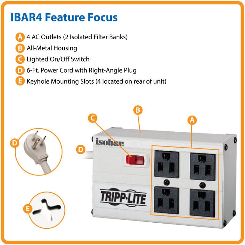 Tripp Lite Isobar 8 Outlet Surge Protector Power Strip, 12ft Cord, Right-Angle Plug & Isobar 4 Outlet Surge Protector Power Strip, 6ft. Cord, Right Angle Plug, 3330 Joules, Metal,Gray