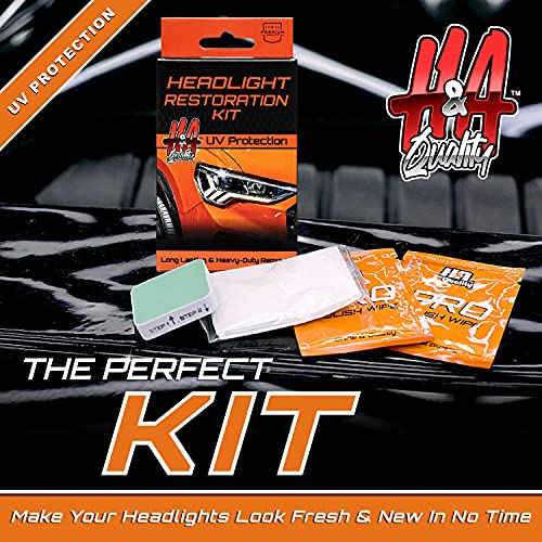 H&A QUALITY Heavy Duty Car Headlight Restoration Kit - Polishing Wipes Car Headlight Cleaner and Restorer Kit - Remove Fog, Fading, Oxidation, Rain, Sun Damage - Buffer, 2 Polish Wipes, Cloth, Gloves