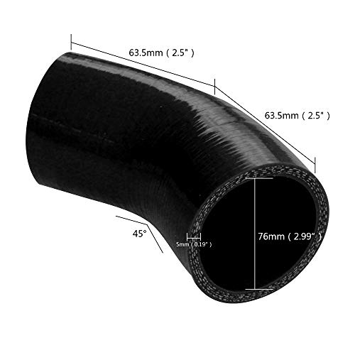 FCD 45 Degree ID 76mm (3") Diameter 5mm Thick 2.5" One Leg 4-Ply Elbow Coupler Silicone Hose for Auto (Black)