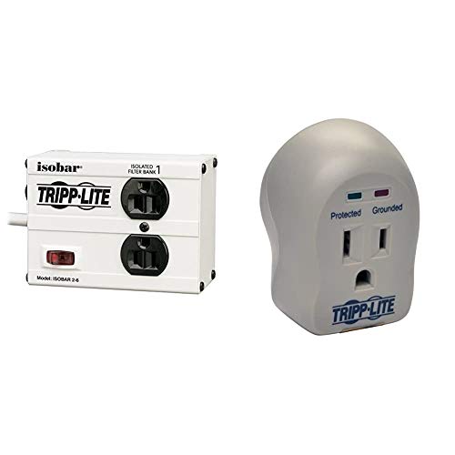 Tripp Lite Isobar 2 Outlet Surge Protector Power Strip, 6ft Cord, Right-Angle Plug, Metal, (ISOBAR2-6) & 1 Outlet Portable Surge Protector Power Strip, Direct Plug in, & $5,000 Insurance (SPIKECUBE)