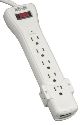 Tripp Lite 7 Outlet Surge Protector Power Strip, 12ft Long Cord, Right-Angle Plug, Fax/Modem Protection, RJ11, $50,000 INSURANCE (SUPER6TEL12)
