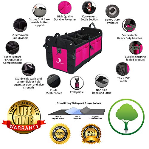 TRUNKCRATEPRO Car Accessories For Women, Premium Adjustable Multi Compartments Collapsible Non-Skid Car storage organizer, Trunk Organizer For Car, Suv, Jeep (Regular, Pink) 23.6" L*14.6" W*12.5" H
