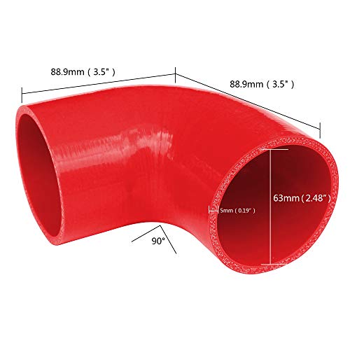 FCD 3.5" Leg 90 Degree ID 63mm (2.5") Diameter 4-Ply High Performance Elbow Coupler Silicone Hose for Auto 5mm Thick (RED)
