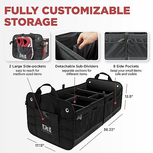 TRUNKCRATEPRO Trunk Organizer For SUV, Truck, Car, Premium Adjustable Multi Compartments Collapsible Heavy Duty Cargo Storage Truck Organizer Straps, Car Accessories (XL, Black)36.22"Lx17.13 Wx12.5”H