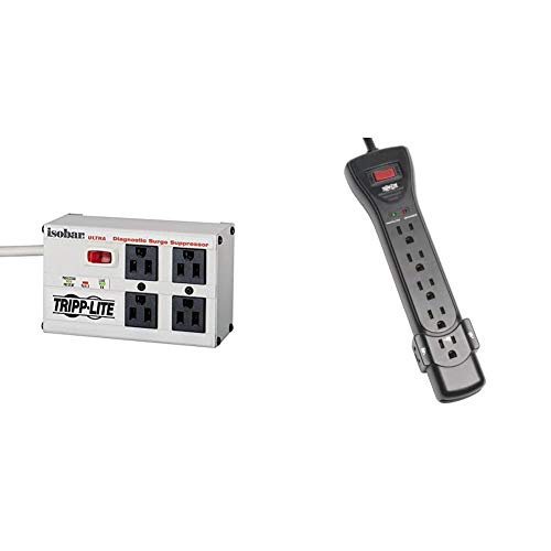 Tripp Lite Isobar 4 Outlet Surge Protector Power Strip, 6ft Cord, Right-Angle Plug, Metal, (ISOBAR4ULTRA) & 7 Outlet Surge Protector Power Strip, 7ft Cord, Right Angle Plug, 2160 Joules,Black(SUPER7B)