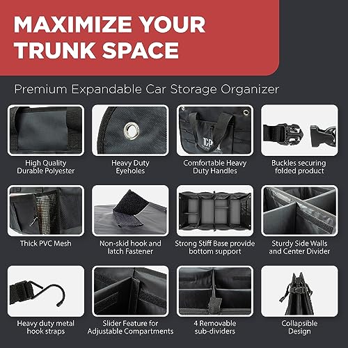 TRUNKCRATEPRO Trunk Organizer For SUV, Truck, Car, Premium Adjustable Multi Compartments Collapsible Heavy Duty Cargo Storage Truck Organizer Straps, Car Accessories (XL, Black)36.22"Lx17.13 Wx12.5”H