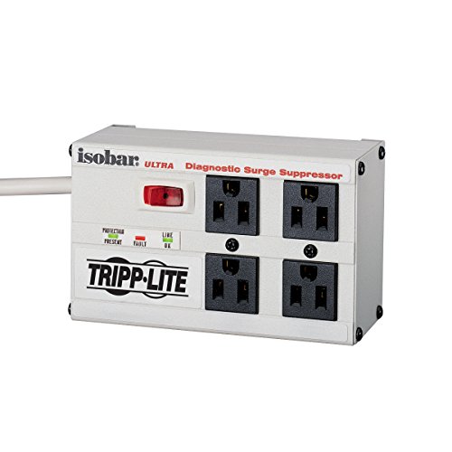 Tripp Lite Isobar 4 Outlet Surge Protector Power Strip, 6ft Cord, Right-Angle Plug, Metal, (ISOBAR4ULTRA) & 7 Outlet Surge Protector Power Strip, 7ft Cord, Right Angle Plug, 2160 Joules,Black(SUPER7B)