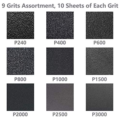 Wet Dry Sandpaper, Assorted 240-3000 Grit for Automotive Wood Sanding, 90 Sheets