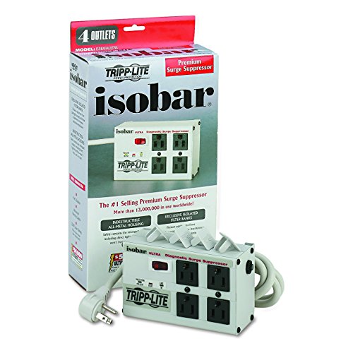 Tripp Lite Isobar 4 Outlet Surge Protector Power Strip, 6ft Cord, Right-Angle Plug, Metal, (ISOBAR4ULTRA) & 7 Outlet Surge Protector Power Strip, 7ft Cord, Right Angle Plug, 2160 Joules,Black(SUPER7B)