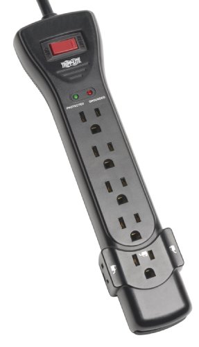 Tripp Lite Isobar 4 Outlet Surge Protector Power Strip, 6ft Cord, Right-Angle Plug, Metal, (ISOBAR4ULTRA) & 7 Outlet Surge Protector Power Strip, 7ft Cord, Right Angle Plug, 2160 Joules,Black(SUPER7B)