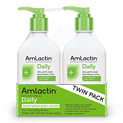 AmLactin Daily Moisturizing Lotion for Dry Skin – 7.9 oz Pump Bottles (Twin Pack) – 2-in-1 Exfoliator and Body Lotion with 12% Lactic Acid, Dermatologist-Recommended Moisturizer for Soft Smooth Skin