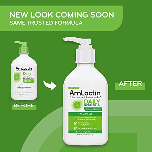 AmLactin Daily Moisturizing Lotion for Dry Skin – 14.1 oz Pump Bottle – 2-in-1 Exfoliator and Body Lotion with 12% Lactic Acid, Dermatologist-Recommended Moisturizer for Soft Smooth Skin