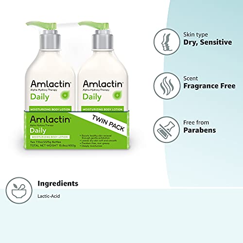 AmLactin Daily Moisturizing Lotion for Dry Skin – 7.9 oz Pump Bottles (Twin Pack) – 2-in-1 Exfoliator and Body Lotion with 12% Lactic Acid, Dermatologist-Recommended Moisturizer for Soft Smooth Skin