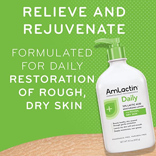 AmLactin Daily Moisturizing Lotion for Dry Skin – 14.1 oz Pump Bottle – 2-in-1 Exfoliator and Body Lotion with 12% Lactic Acid, Dermatologist-Recommended Moisturizer for Soft Smooth Skin