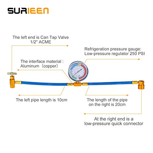 SURIEEN R134A AC Refrigerant Recharge Hose Kit, 1/2 Acme Can Tap Dispensing Valve, Charging Hose with Pressure Gauge, 70mm dial, Fits for Car AC Air Conditioning Refrigerant