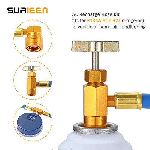 SURIEEN R134A AC Refrigerant Recharge Hose Kit, 1/2 Acme Can Tap Dispensing Valve, Charging Hose with Pressure Gauge, 70mm dial, Fits for Car AC Air Conditioning Refrigerant