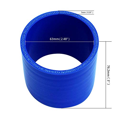 FCD Universal ID 63mm (2.5") Diameter 3" Length Straight Silicone Hose 5mm Thick 4-Ply Universal Coupler for Auto (Blue)