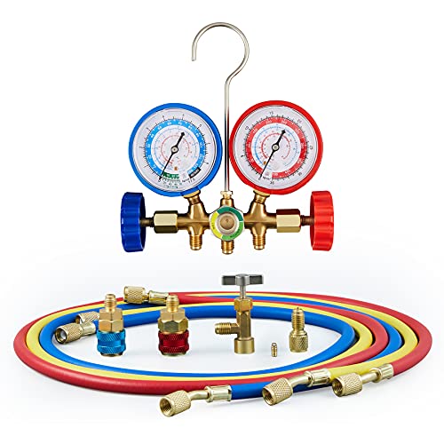 Orion Motor Tech 3FT AC Diagnostic Manifold Freon Gauge Set for R134A R12, R22, R502 Refrigerants, with Couplers and Acme Adapter