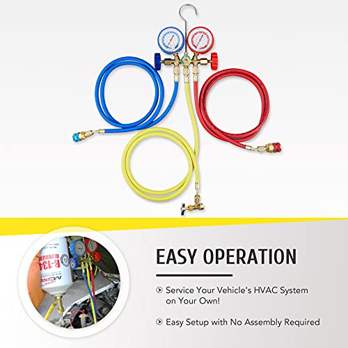 Orion Motor Tech 3FT AC Diagnostic Manifold Freon Gauge Set for R134A R12, R22, R502 Refrigerants, with Couplers and Acme Adapter