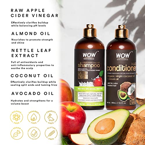 WOW Apple Cider Vinegar Shampoo & Hair Conditioner Set - (2 x 16.9 Fl Oz / 500mL) - Increase Gloss, Hydration, Shine - Reduce Itchy Scalp, Dandruff & Frizz - No Parabens or Sulfates - All Hair Types