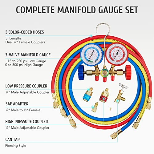 Orion Motor Tech 3FT AC Diagnostic Manifold Freon Gauge Set for R134A R12, R22, R502 Refrigerants, with Couplers and Acme Adapter