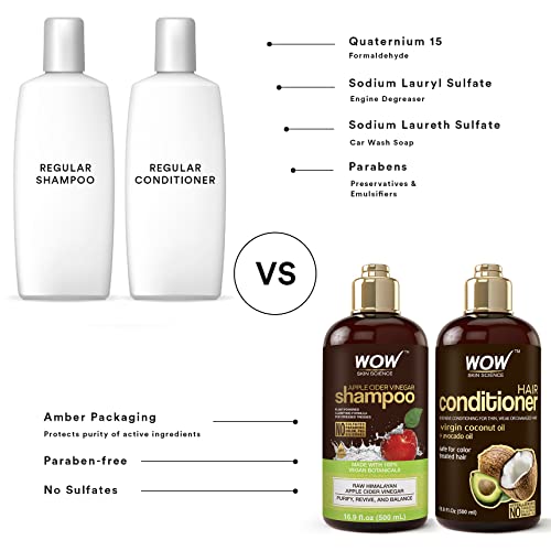 WOW Apple Cider Vinegar Shampoo & Hair Conditioner Set - (2 x 16.9 Fl Oz / 500mL) - Increase Gloss, Hydration, Shine - Reduce Itchy Scalp, Dandruff & Frizz - No Parabens or Sulfates - All Hair Types