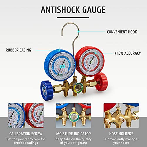 Orion Motor Tech 3FT AC Diagnostic Manifold Freon Gauge Set for R134A R12, R22, R502 Refrigerants, with Couplers and Acme Adapter