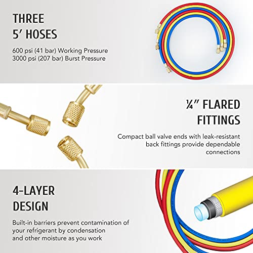 Orion Motor Tech 3FT AC Diagnostic Manifold Freon Gauge Set for R134A R12, R22, R502 Refrigerants, with Couplers and Acme Adapter