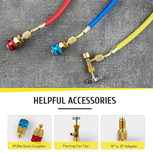 Orion Motor Tech 3FT AC Diagnostic Manifold Freon Gauge Set for R134A R12, R22, R502 Refrigerants, with Couplers and Acme Adapter