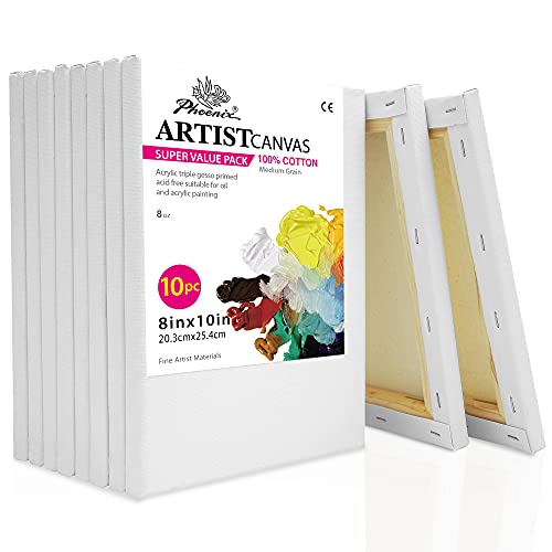 PHOENIX Pre Stretched Canvas for Painting - 8x10 Inch / 10 Pack - 5/8 Inch Profile of Super Value Pack for Oil & Acrylic Paint
