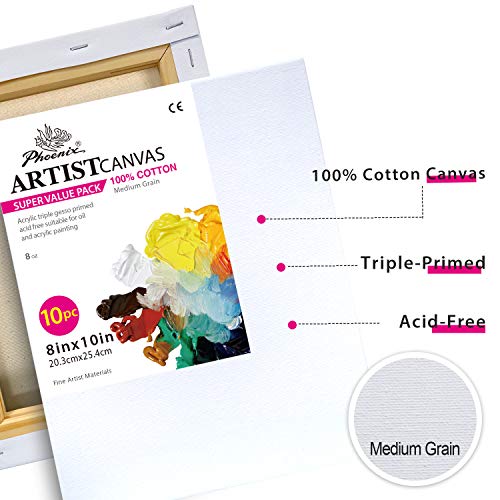 PHOENIX Pre Stretched Canvas for Painting - 8x10 Inch / 10 Pack - 5/8 Inch Profile of Super Value Pack for Oil & Acrylic Paint