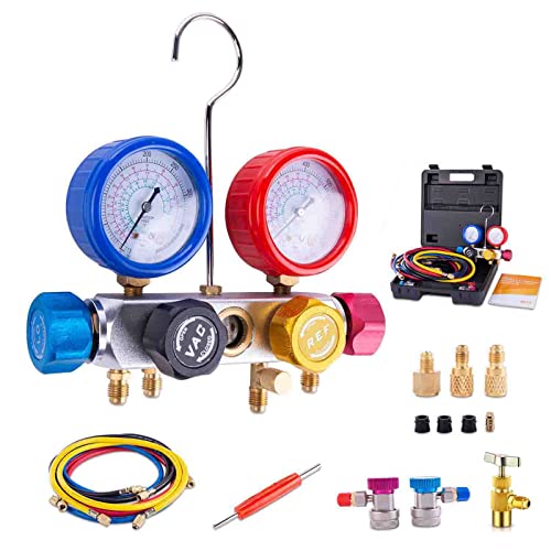 BACOENG Pro 4 Way AC Diagnostic Manifold Gauge Complete Set for R134A R410A R22, with 5FT Hose, 3 ACME Tank Adapters, Adjustable Quick Couplers and Universal Can Tap