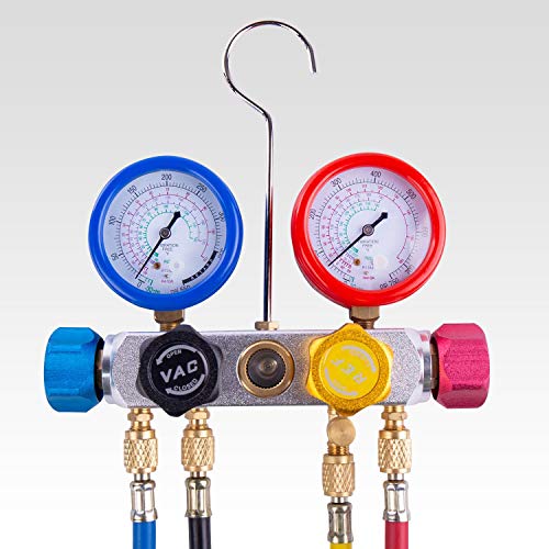 BACOENG Pro 4 Way AC Diagnostic Manifold Gauge Complete Set for R134A R410A R22, with 5FT Hose, 3 ACME Tank Adapters, Adjustable Quick Couplers and Universal Can Tap