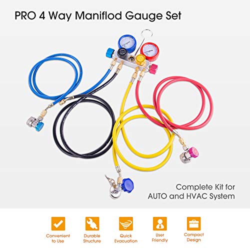 BACOENG Pro 4 Way AC Diagnostic Manifold Gauge Complete Set for R134A R410A R22, with 5FT Hose, 3 ACME Tank Adapters, Adjustable Quick Couplers and Universal Can Tap