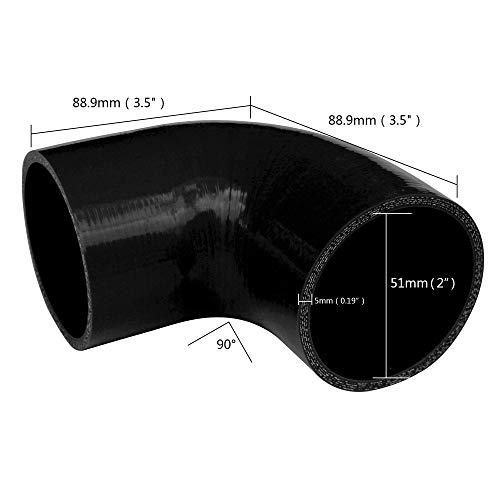 FCD 3.5" Leg 90 Degree ID 51mm (2") Diameter 4-Ply High Performance Elbow Coupler Silicone Hose for Auto 5mm Thick (Black)