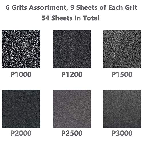 54pcs Wet Dry Sandpaper Assorted 3000/2500/2000/1500/1200/1000 Grit for Automotive Sanding