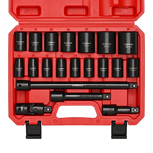 CASOMAN 1/2-Inch Drive Shallow Impact Socket Set, Metric, 10mm-32mm, CR-V, 6-Point, 20-Piece 1/2" Shallow Sockets Set with Extension Bar and Universal Joints