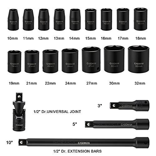 CASOMAN 1/2-Inch Drive Shallow Impact Socket Set, Metric, 10mm-32mm, CR-V, 6-Point, 20-Piece 1/2" Shallow Sockets Set with Extension Bar and Universal Joints