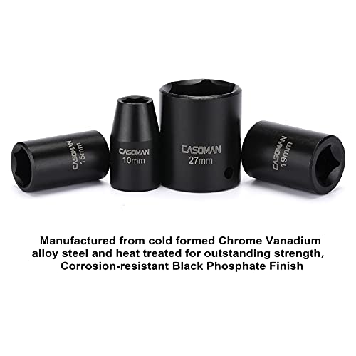 CASOMAN 1/2-Inch Drive Shallow Impact Socket Set, Metric, 10mm-32mm, CR-V, 6-Point, 20-Piece 1/2" Shallow Sockets Set with Extension Bar and Universal Joints