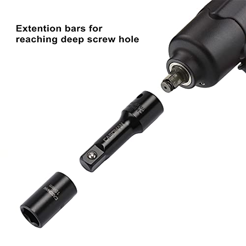 CASOMAN 1/2-Inch Drive Shallow Impact Socket Set, Metric, 10mm-32mm, CR-V, 6-Point, 20-Piece 1/2" Shallow Sockets Set with Extension Bar and Universal Joints